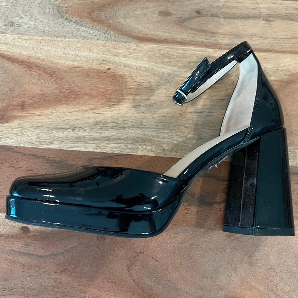 66 Nordstrom BP black patent pumps platform block heels ankle strap square toe